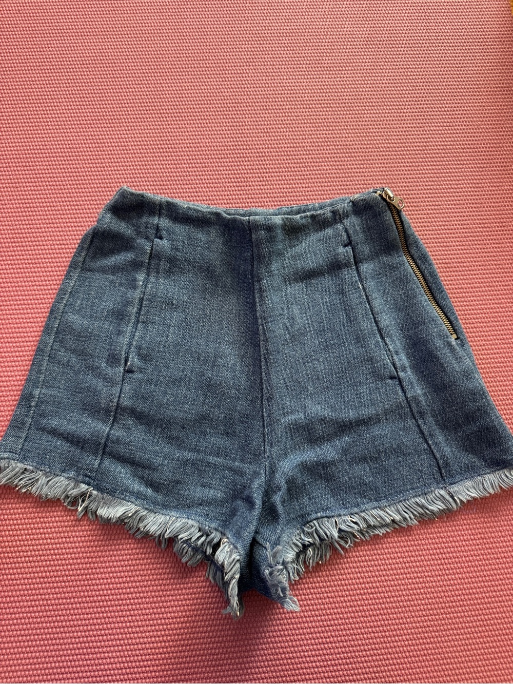 Zara Frayed Hem Dark Blue Denim Women's Shorts with Side Zip XS